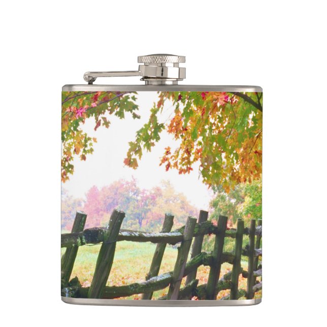 USA, Vermont. Fence under fall foliage. Hip Flask (Front)