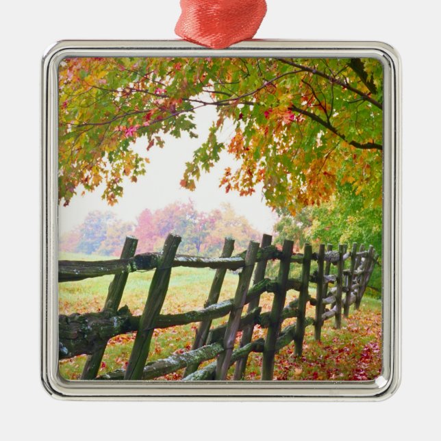 USA, Vermont. Fence under fall foliage. Metal Ornament (Front)