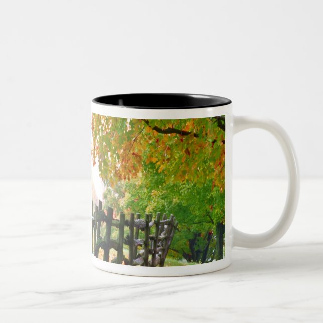 USA, Vermont. Fence under fall foliage. Two-Tone Coffee Mug (Right)