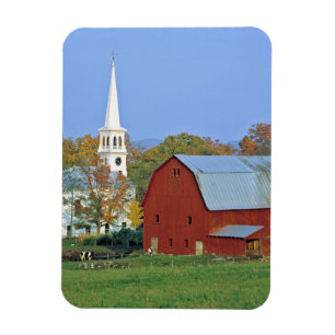 USA, Vermont, Peacham. A red barn and white Magnet