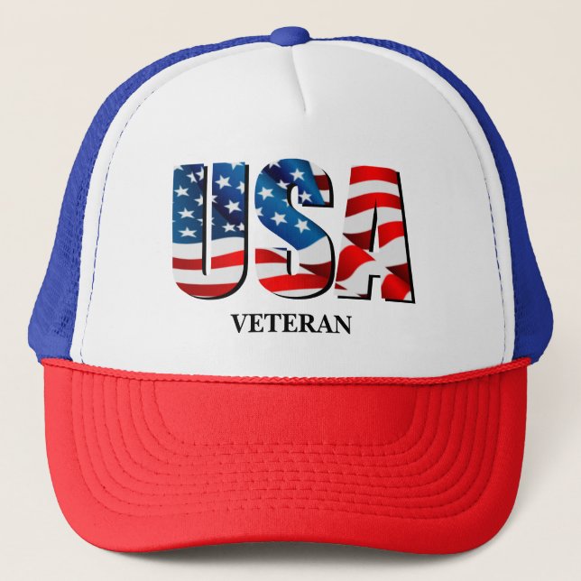USA VETERAN American patriotic red white blue flag Trucker Hat (Front)