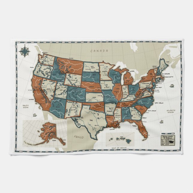 USA - Vintage Map Kitchen Towel (Horizontal)