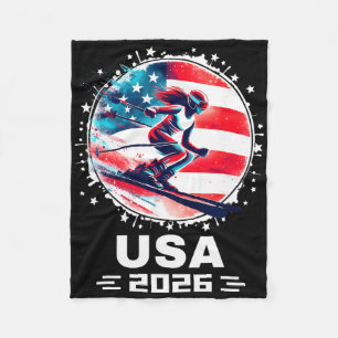 Usa Women United States American Flag Ski Skiing U Fleece Blanket