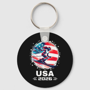 Usa Women United States American Flag Ski Skiing U Keychain