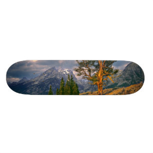 USA, Wyoming, Grand Teton NP. Sunrise greets a Skateboard