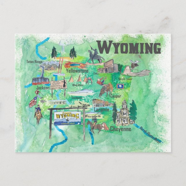 USA Wyoming Illustrated Travel Map Postcard (Front)