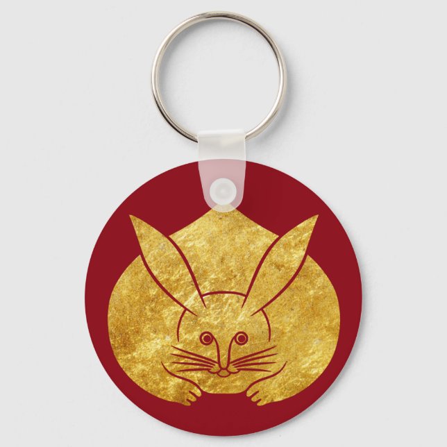 Usagi kamon japanese rabbit in faux gold on red keychain (Front)