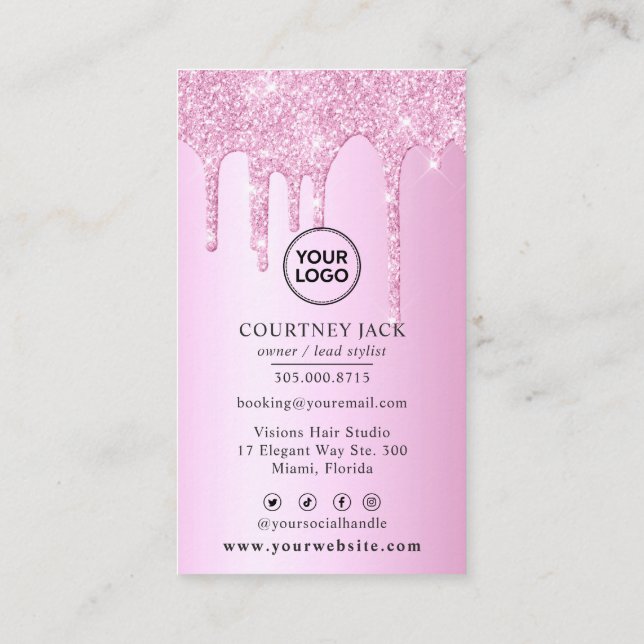 Use Your Own Logo Pink Metallic Glitter Drip Busin Business Card (Back)