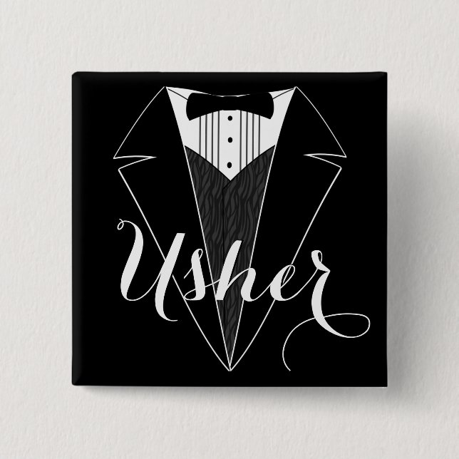 Usher Black and White Tux Wedding Party Button (Front)
