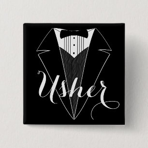 Usher Black and White Tux Wedding Party Button