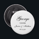 Usher Script Customized Bottle Opener<br><div class="desc">This very classic and traditional button bottle opener with the word Usher (which is customizable for any wedding party member), the usher's name in a script font, the bride and groom's names, and their wedding date would be perfect for your ushers. They'd be fabulous to have on your bachelor week-end,...</div>