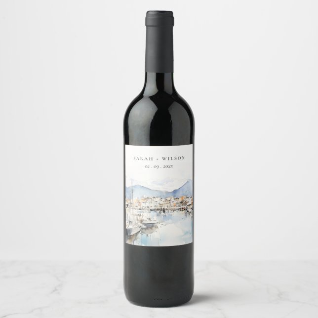 Ushuaia, Argentina Watercolor Landscape Wedding Wine Label (Front)