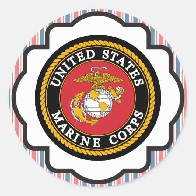 USMC Emblem with Red, White and Blue Stripes Classic Round Sticker (Front)