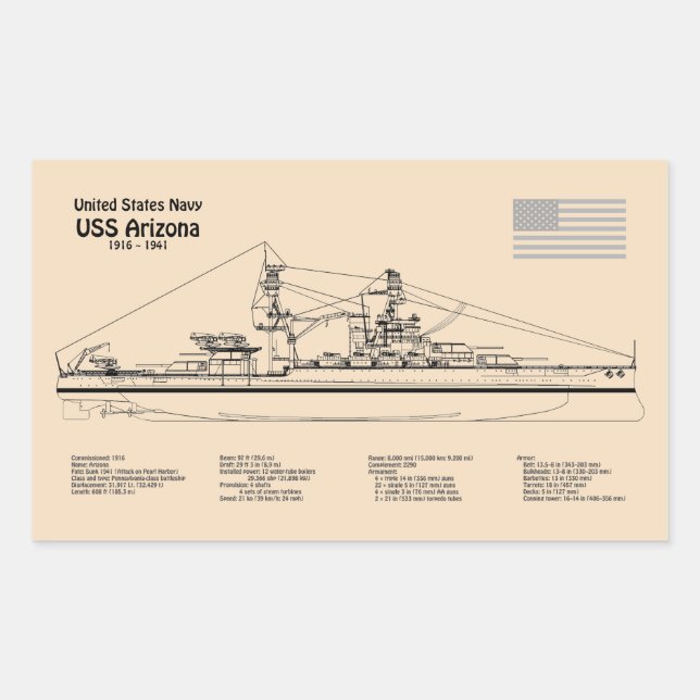 USS Arizona - Ship Blueprint Plans SD Sticker (Front)