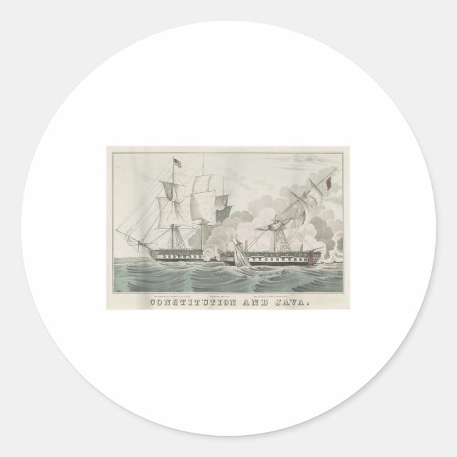 Uss Constitution &amp; Hms Java Naval Battle Illus Classic Round Sticker (Front)