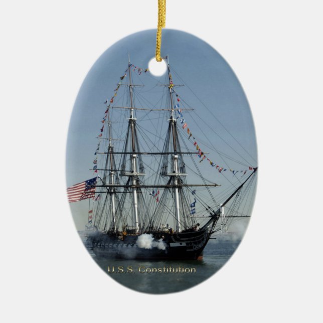 USS Constitution Firing Cannons Ceramic Ornament (Front)