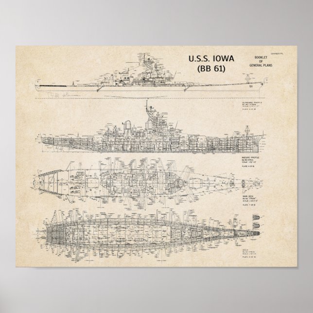 USS IOWA Blueprint (Archival) Poster (Front)