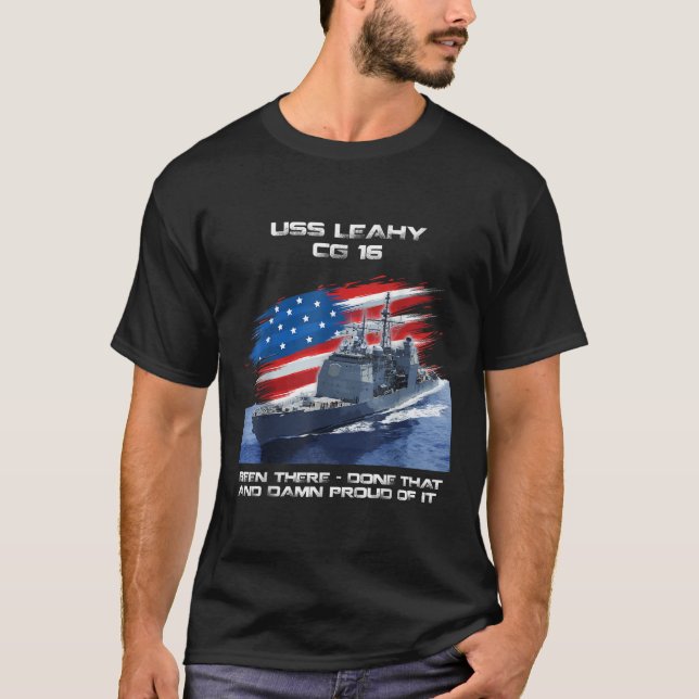 USS Leahy CG 16 Class Cruiser American Flag Vetera T-Shirt (Front)