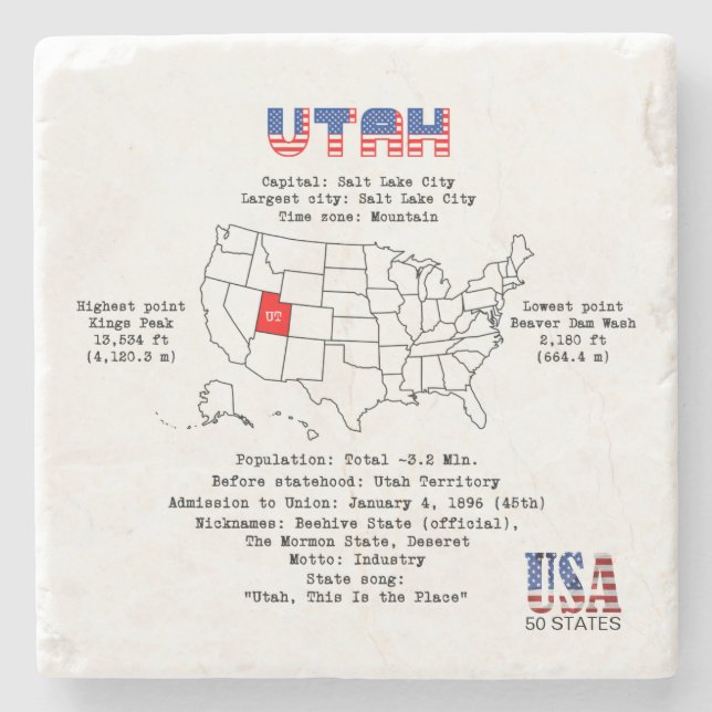 Utah American state on a map and useful info Stone Coaster (Front)