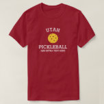Utah Pickleball Add Club, Partner Name Custom T-Shirt<br><div class="desc">Show off your love of Utah pickleball with this awesome pickleball shirt for clubs, teams, partners or everyday court wear. Just add your 3 lines of custom text to make a totally unique pickleball shirt. Great for tournaments, matching club shirts or to give to your men's/women's or mixed partner. Spread...</div>