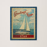 Utah Sailboat Vintage Travel Jigsaw Puzzle<br><div class="desc">This Greetings From Utah vintage travel nautical design features a boat sailing on the water with seagulls and a blue sky filled with gorgeous puffy white clouds.</div>