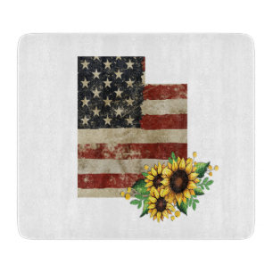 Utah State Map US Flag Sunflower Glass Cutting Board