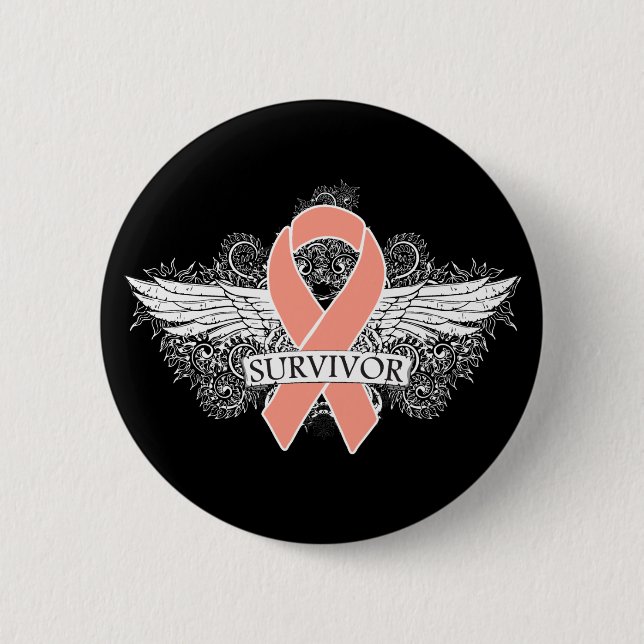 Uterine Cancer Scroll Winged SURVIVOR Ribbon 2 Inch Round Button (Front)