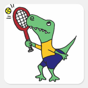 UV- Funny T-Rex Dinosaur Playing Tennis Cartoon Square Sticker