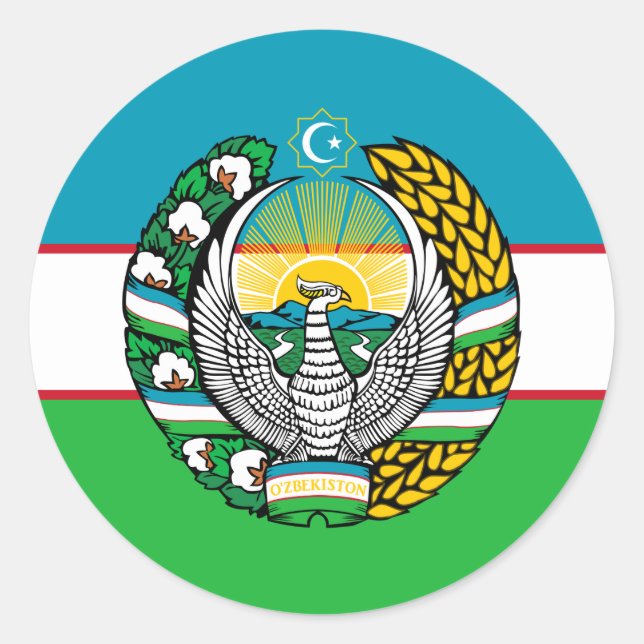 Uzbek Flag & State Emblem, Flag of Uzbekistan Classic Round Sticker (Front)