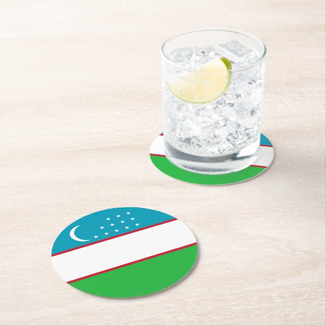 Uzbekistan flag round paper coaster (Insitu)