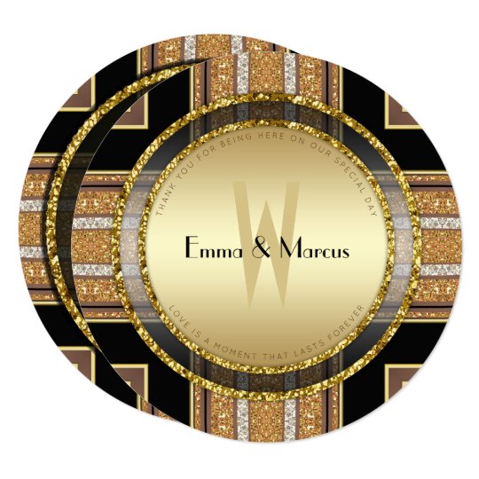 V1 Art Deco Gold Glitter Round Wedding Invitation