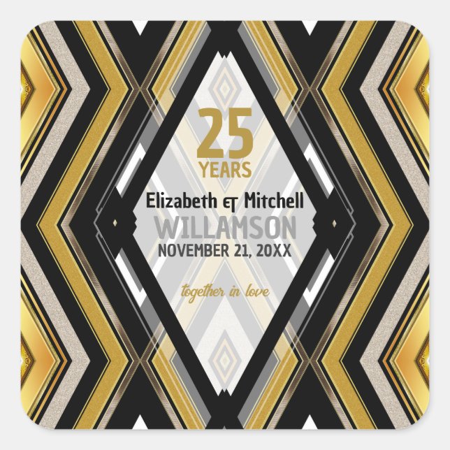 v1 Black+Gold Modern Art Deco Glam Square Sticker (Front)