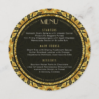 V1 Tribal Deco Gold Round Wedding Menu Card