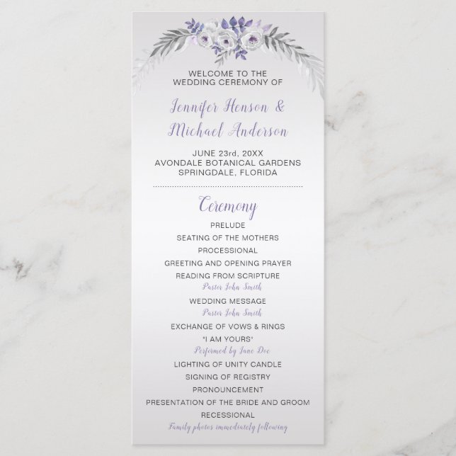 V#2 Purple Grey Silver Floral Wedding Program (Front)
