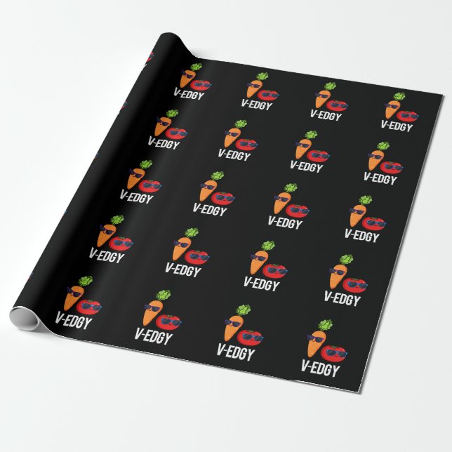 V-Edgy Funny Veggie Pun Dark BG Wrapping Paper (Unrolled)