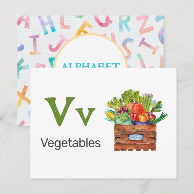 V est pour les légumes - Carte Flash Alphabet (Devant / Derrière)