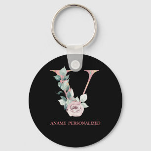 V Floral Monogram Name Letters Pink Agate Keychain