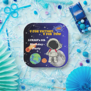 V For Victory V For Fun Astronaut Boy Birthday Paper Plate