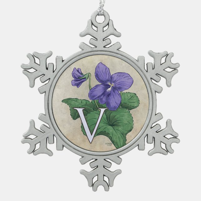 V for Violets Flower Monogram Artwork Snowflake Pewter Christmas Ornament (Front)