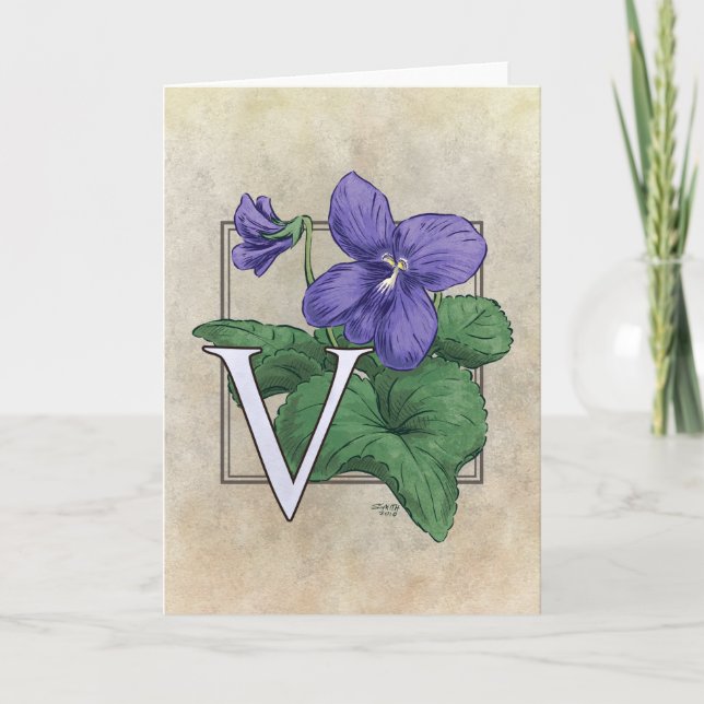 V for Violets Flower Monogram Note Card (Front)