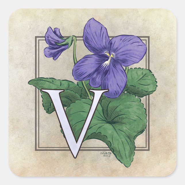 V for Violets Flower Monogram Square Sticker (Front)