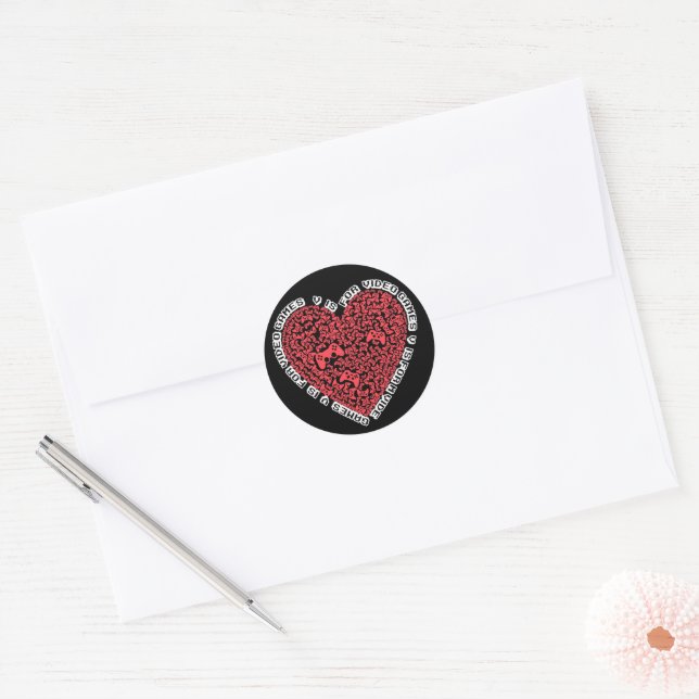 V Is For Video Games Funny Valentines Day Mosaic Classic Round Sticker (Envelope)