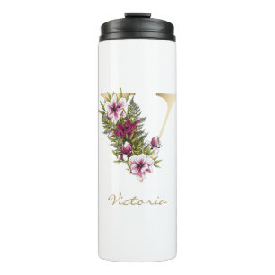 V Letter Gold Monogram Marsala White Florals Thermal Tumbler