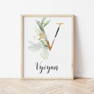 V Letter Monogram Greenery Nursery Name Wall Print