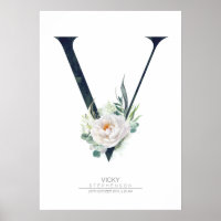 V Letter Monogram White Flowers and Greenery