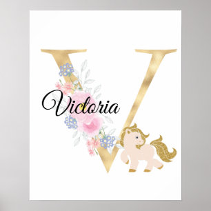 V letter personalized name monogram with pony poster
