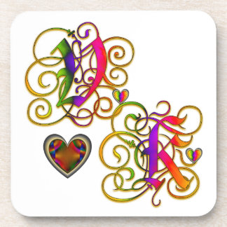 V Loves K on White Coaster with Hearts