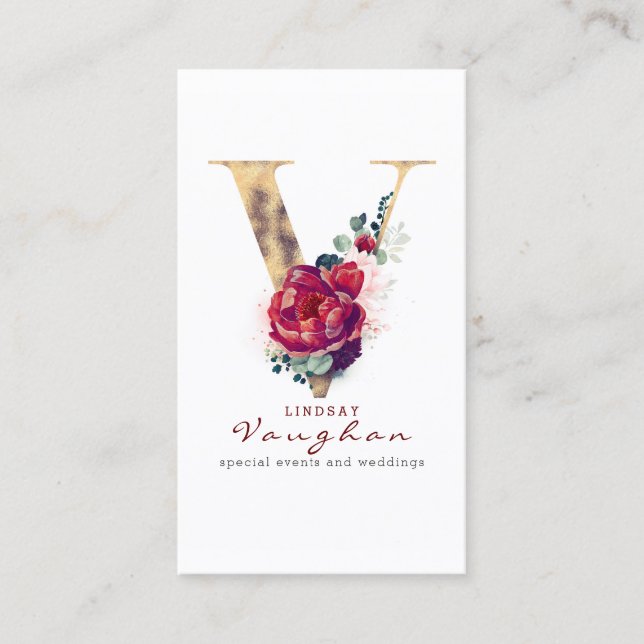 V Monogram Burgundy Red Flower and Gold Glitter Business Card (Front)