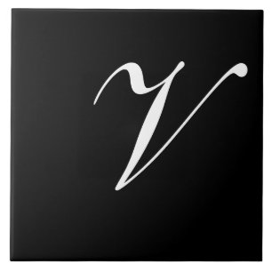 V Monogram Initial White on Black Tile