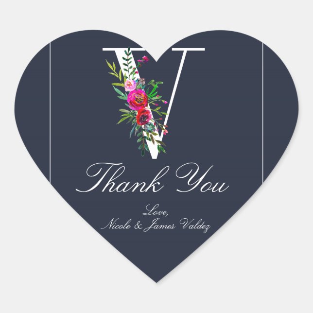 V Monogram Last Initial Modern Blue Floral Wedding Heart Sticker (Front)